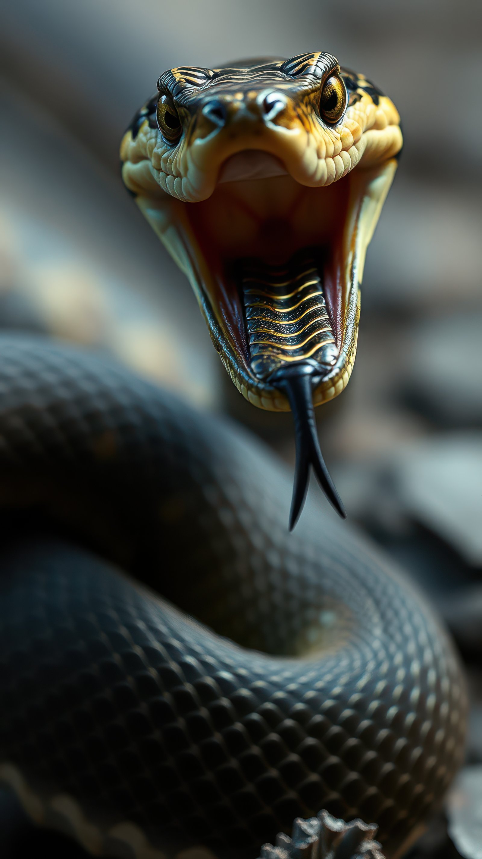 Close-up of a snake with its mouth open and tongue flicking, highlighting its scales and striking features in a natural setting